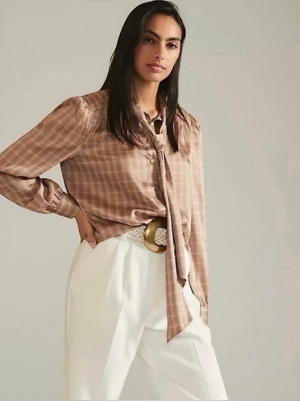 Anthropologie x Mare Mare Plaid Tie-Neck Blouse in Tan
Size Medium